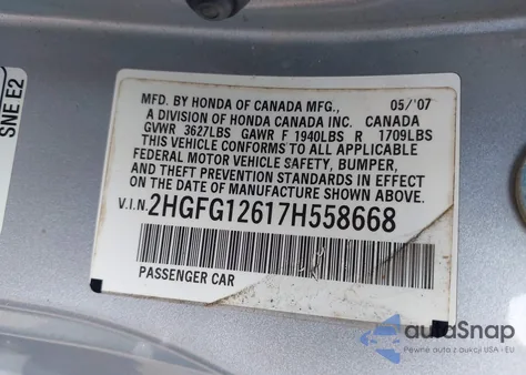 2007 Honda Civic Lx from USA, damaged, VIN 2HGFG12617H558668